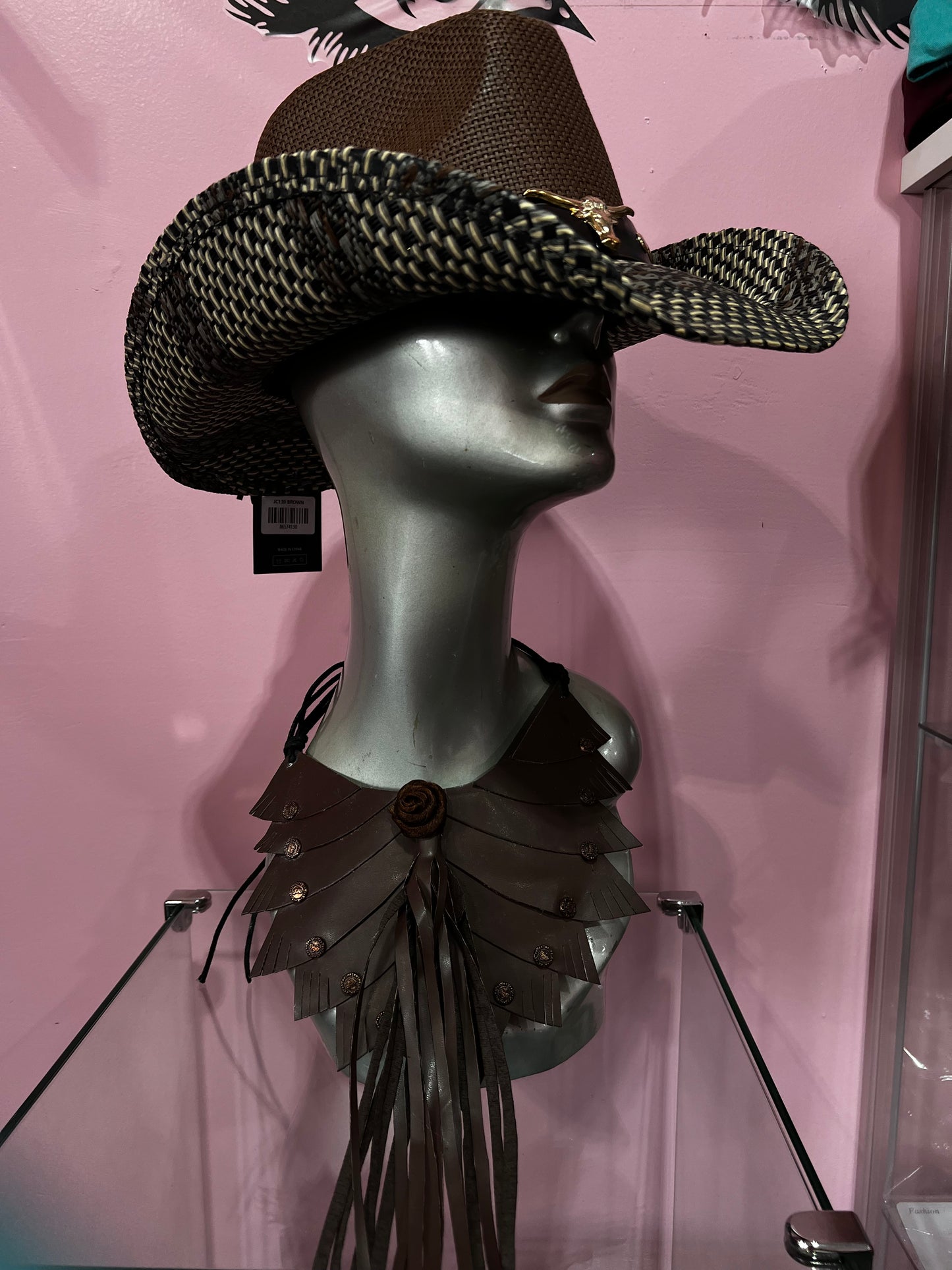 Metal Steer Head Pointed Faux Leather Band Western Straw Cowboy Fedora Hat