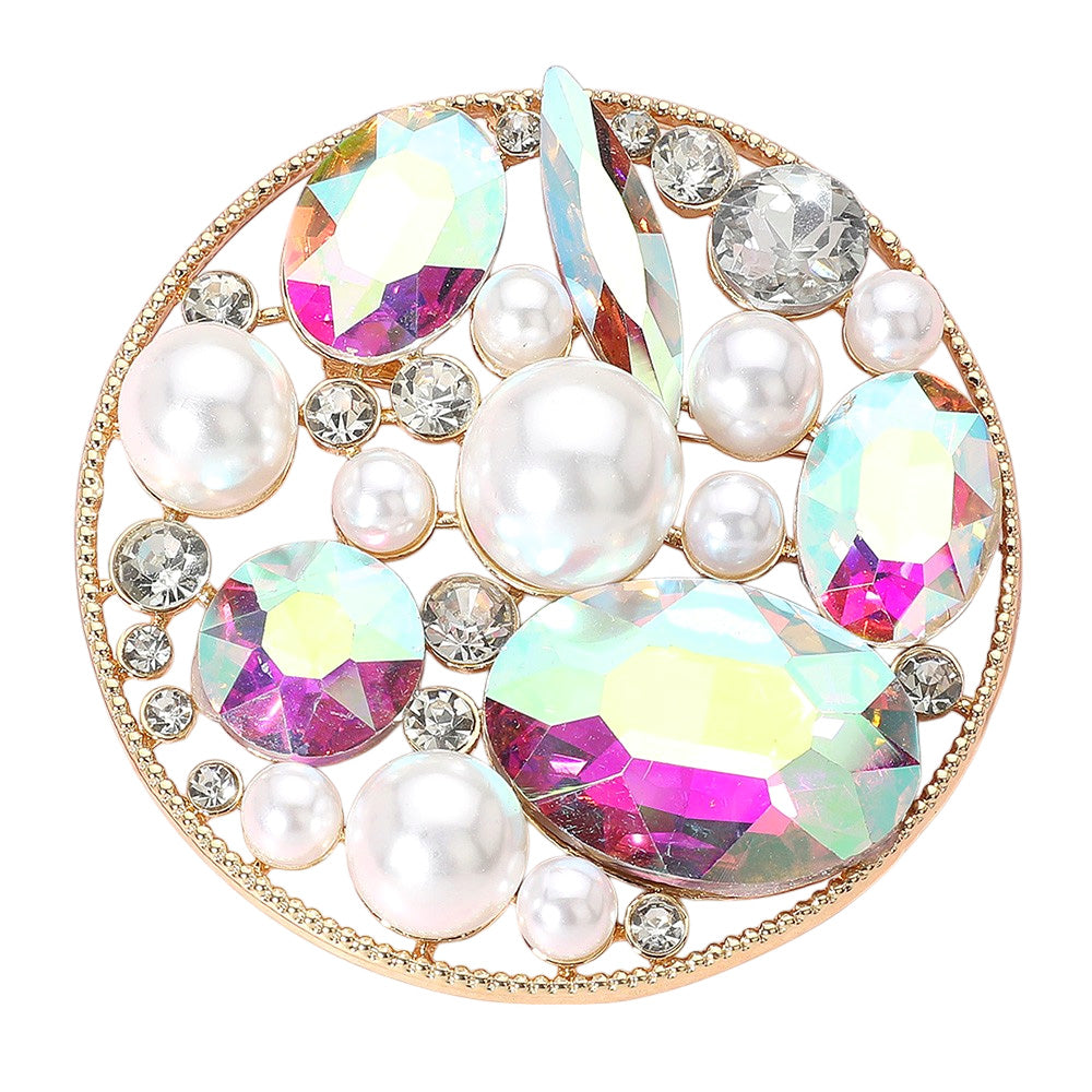Pearl Stone Cluster Embellished Chunky Round Pin Brooch
