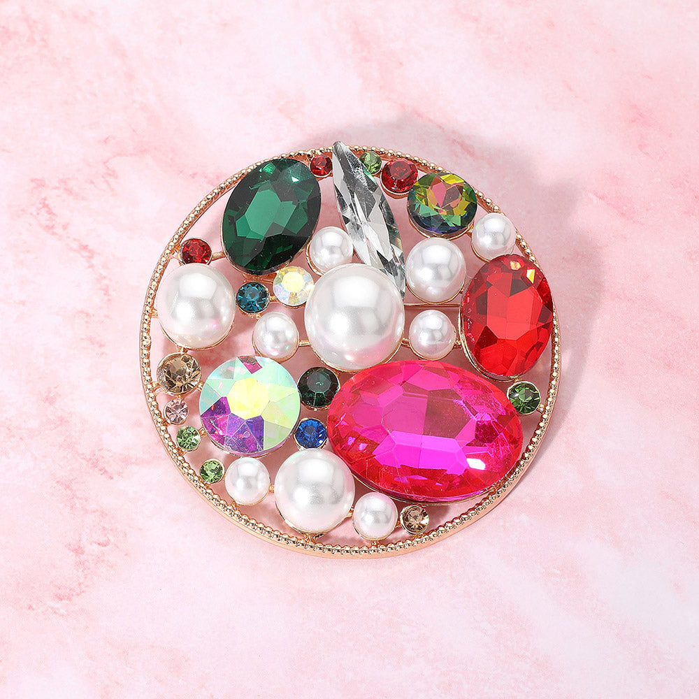 Pearl Stone Cluster Embellished Chunky Round Pin Brooch