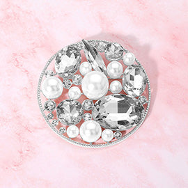Pearl Stone Cluster Embellished Chunky Round Pin Brooch