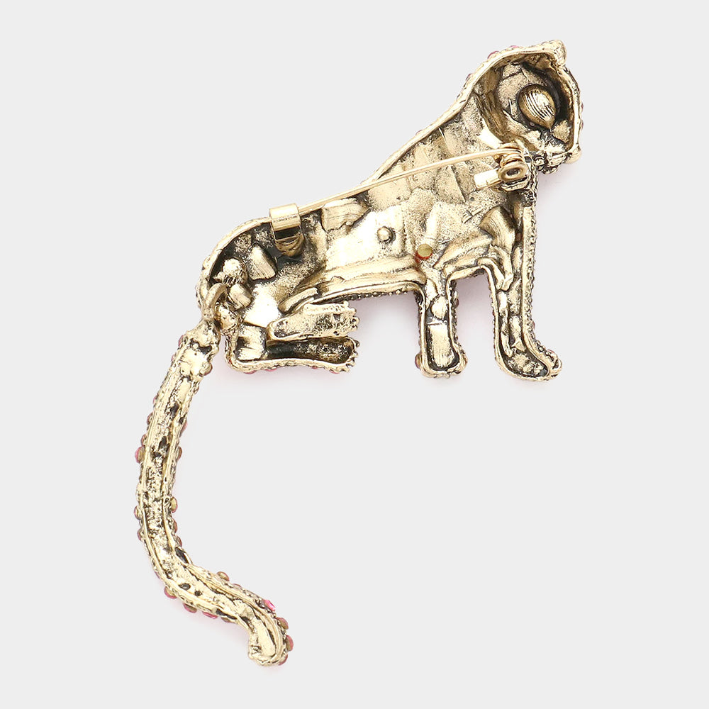 Stone Embellished Leopard Pin Brooch