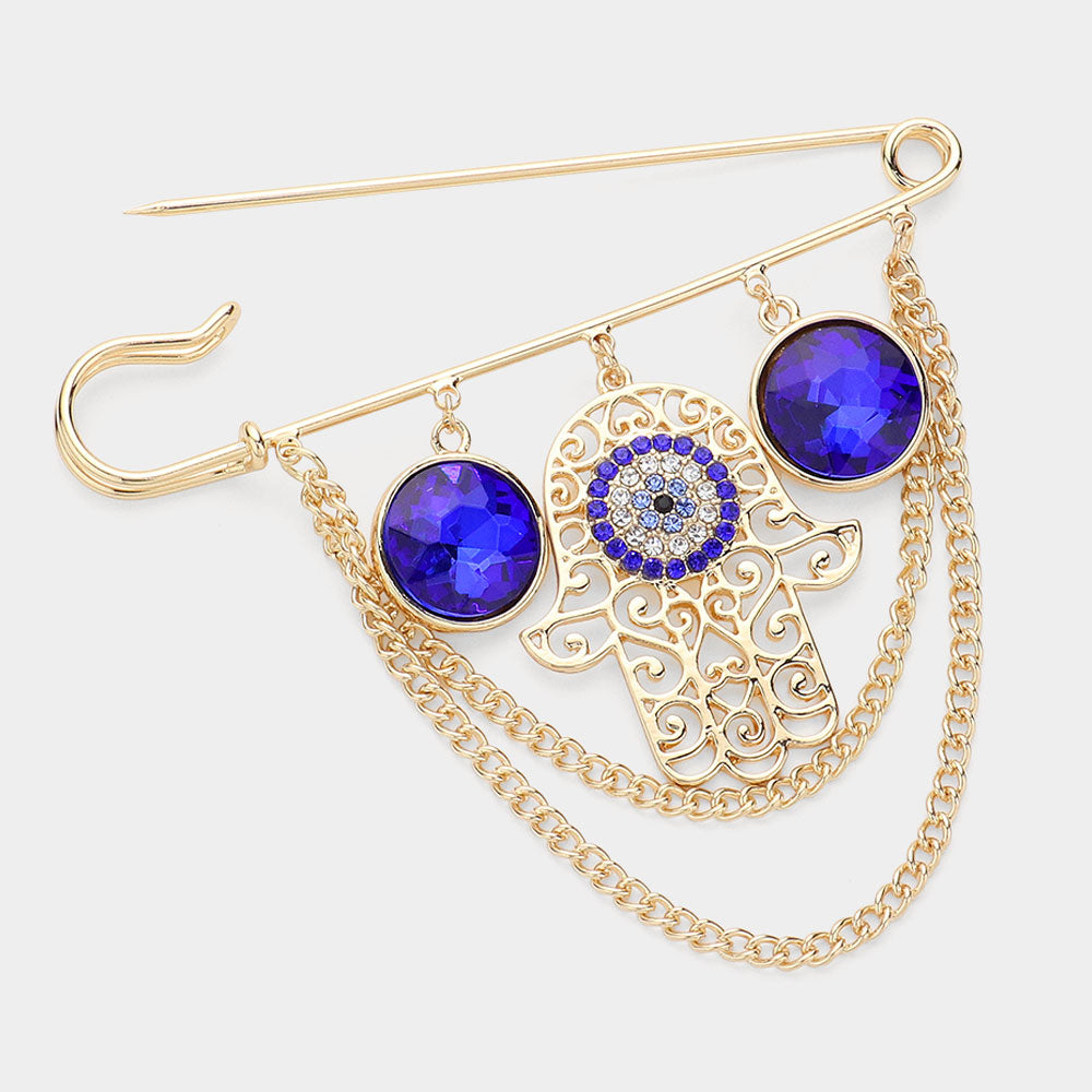 Stone Paved Evil Eye Hamsa Hand Accented Chain Layered Pin Brooch