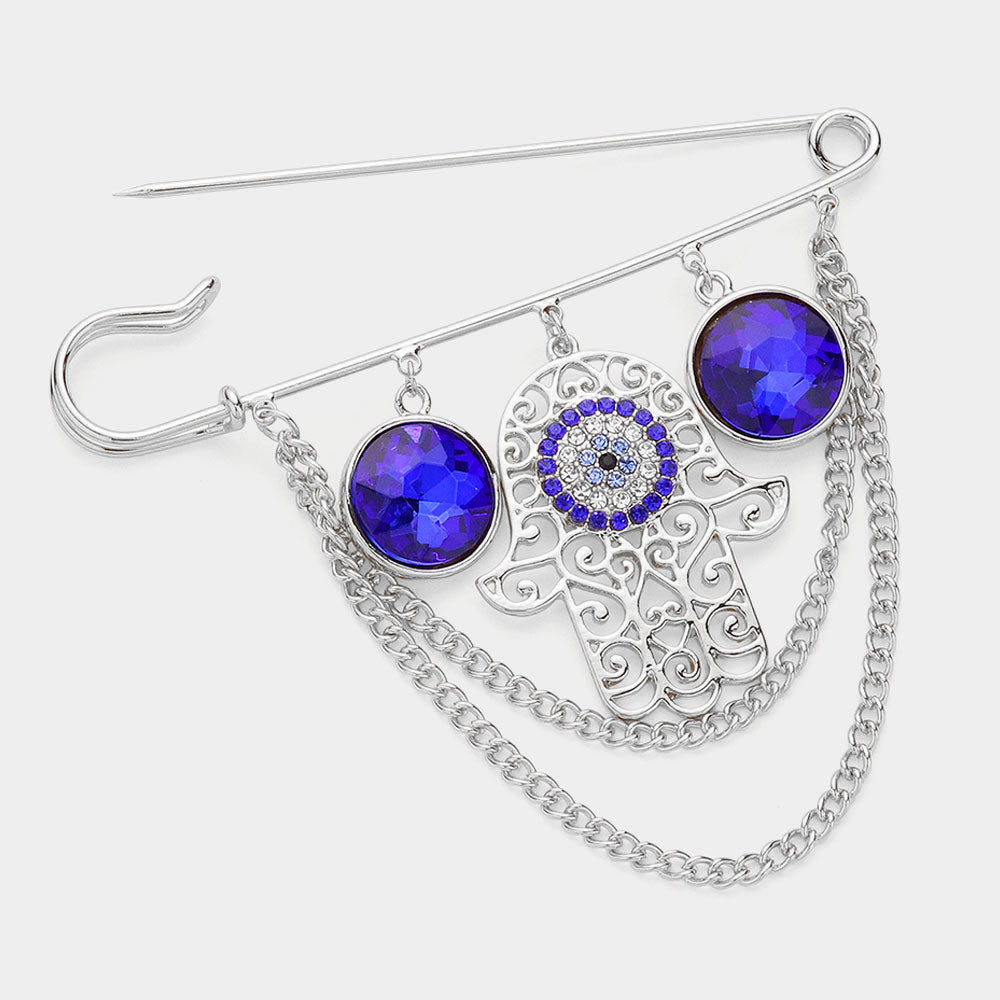 Stone Paved Evil Eye Hamsa Hand Accented Chain Layered Pin Brooch