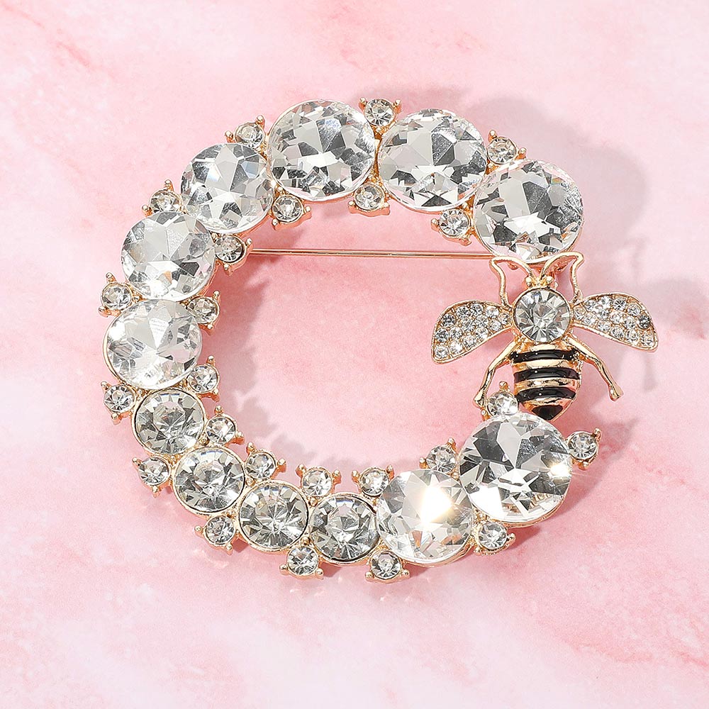 Rhinestone Paved Honey Bee Accent Glass Stone Cluster Circle Pin Brooch