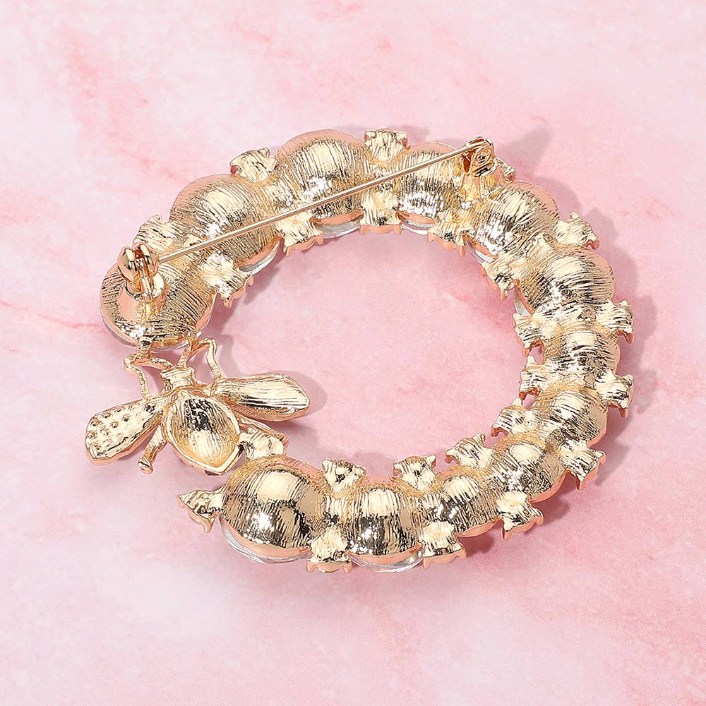Rhinestone Paved Honey Bee Accent Glass Stone Cluster Circle Pin Brooch