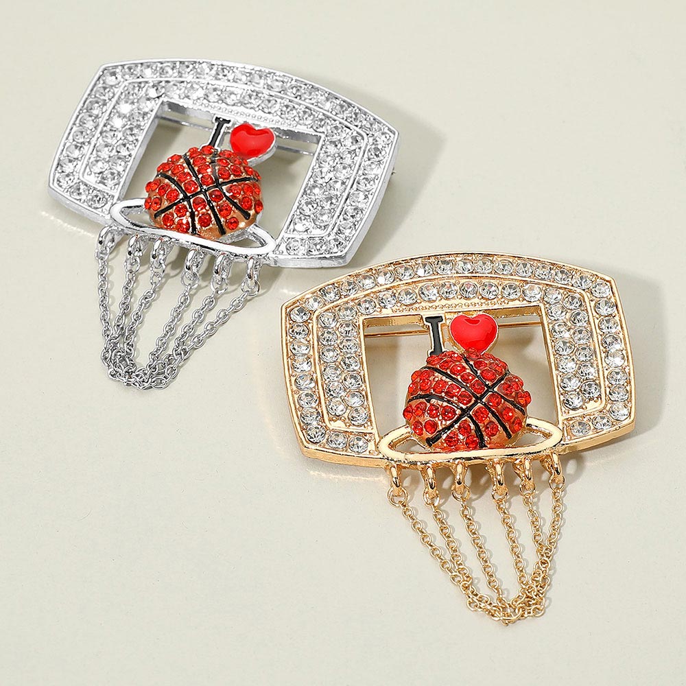 Rhinestone Paced Chain Net Enamel Basketball Pin Brooch