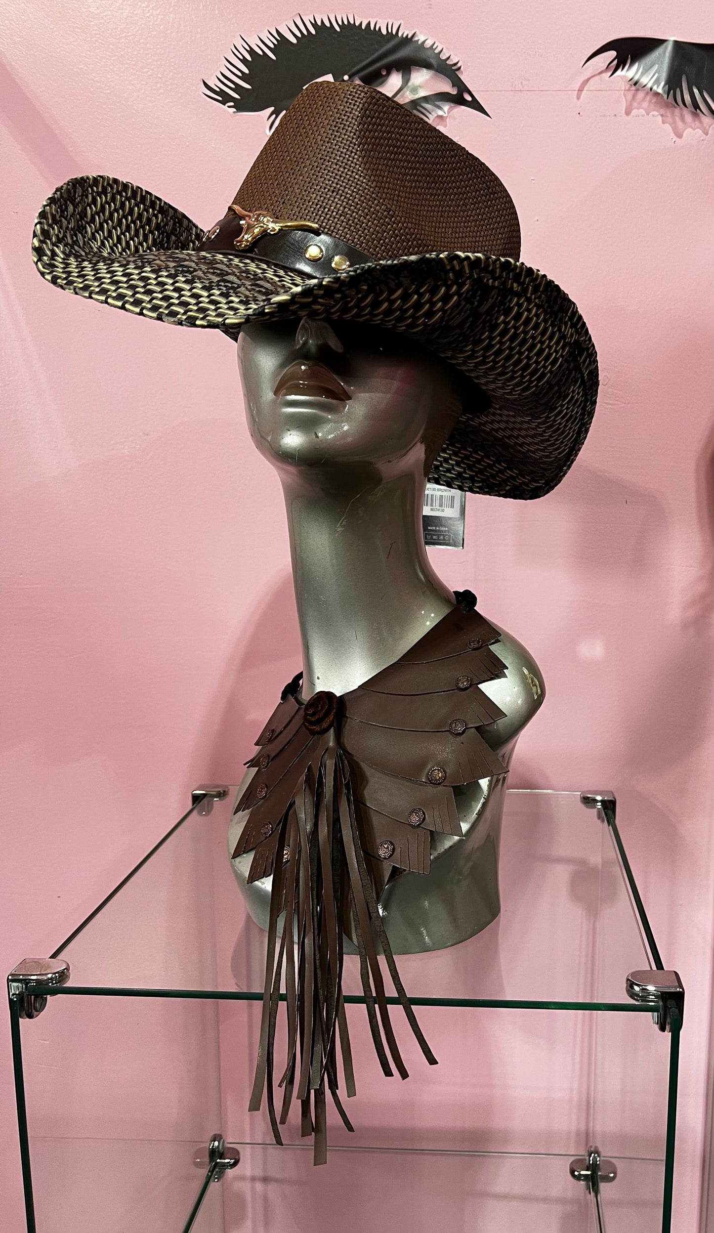 Metal Steer Head Pointed Faux Leather Band Western Straw Cowboy Fedora Hat