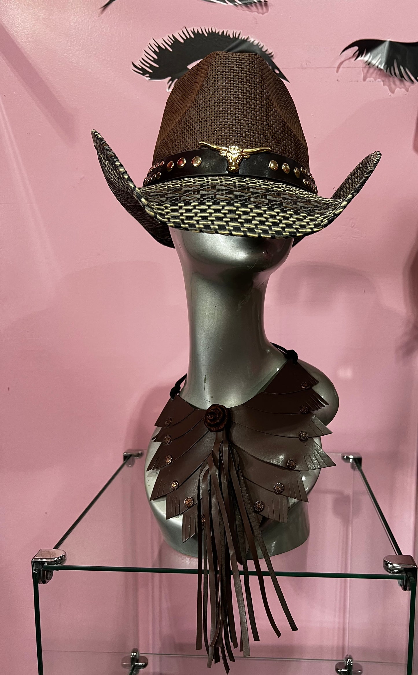 Metal Steer Head Pointed Faux Leather Band Western Straw Cowboy Fedora Hat