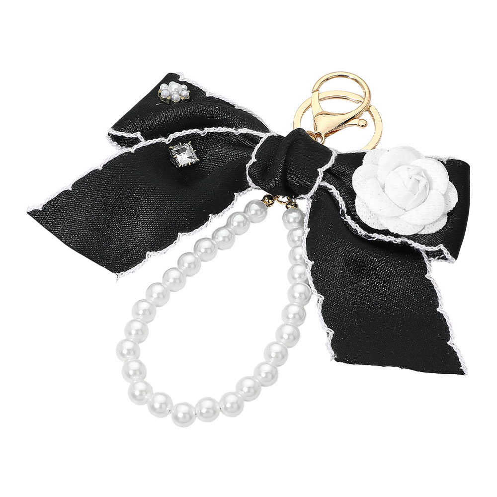 Flower Rhinestone Accent Pearl Loop Bow Keychain Bag Charm