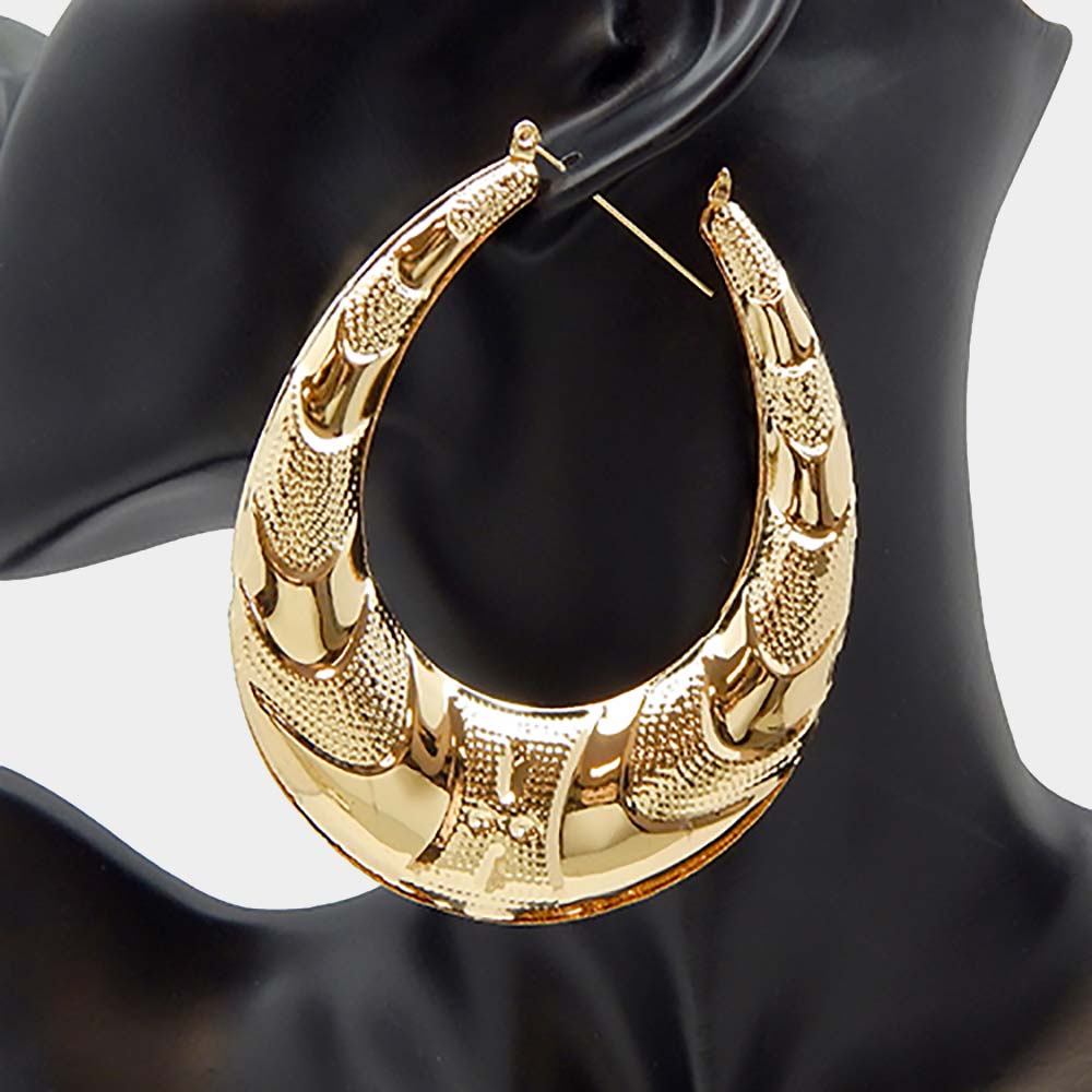 Bold Abstract Textured Metal Hoop Pin Catch Earrings