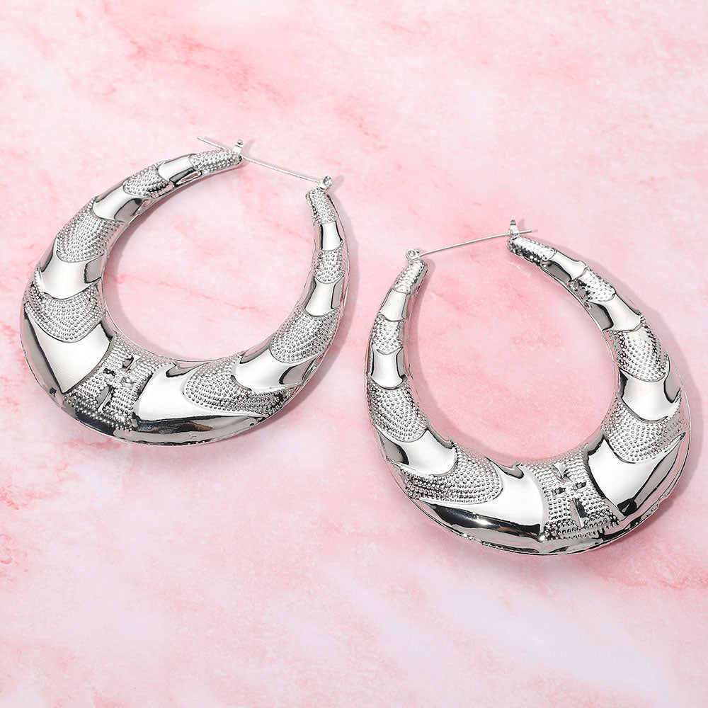 Bold Abstract Textured Metal Hoop Pin Catch Earrings