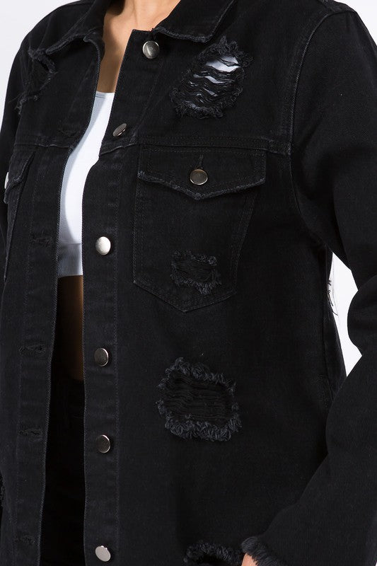 DISTRESSED LONG LENGTH DENIM JACKET