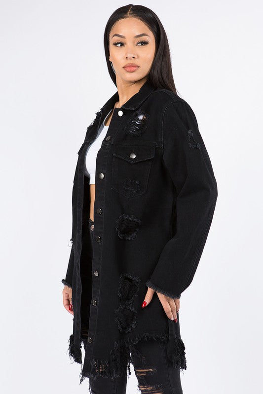 DISTRESSED LONG LENGTH DENIM JACKET