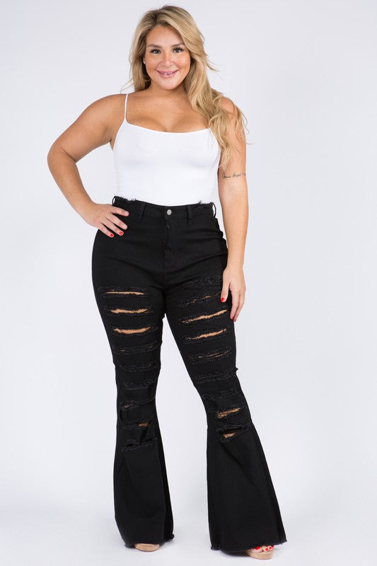 Sassy Curvy Flare Distressed Sexy Black Jeans