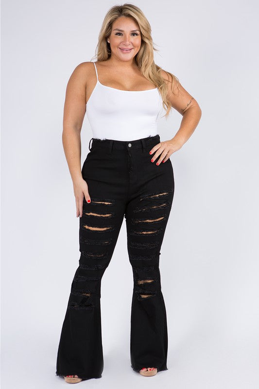 Sassy Curvy Flare Distressed Sexy Black Jeans