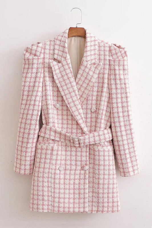 TWEED TEXTURED PLAID DOUBLE BREASTED LONG BLAZER