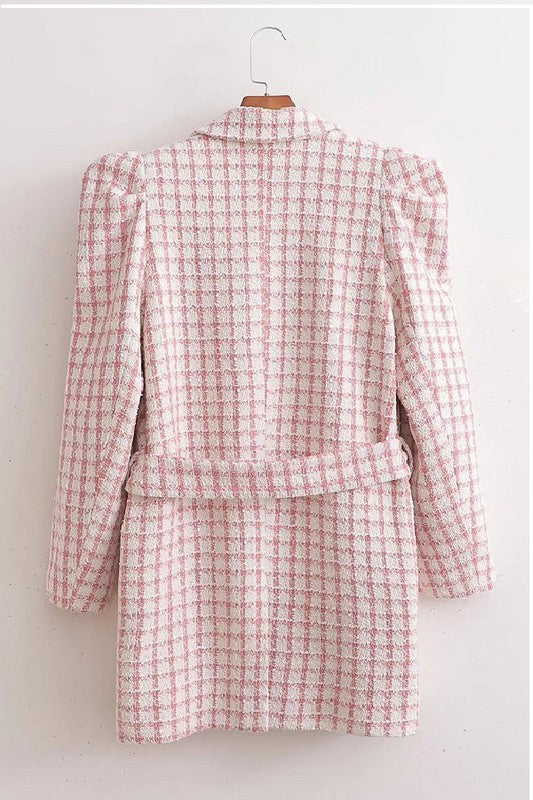 TWEED TEXTURED PLAID DOUBLE BREASTED LONG BLAZER
