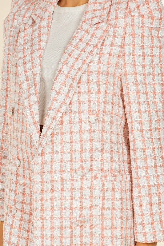 TWEED TEXTURED PLAID DOUBLE BREASTED LONG BLAZER