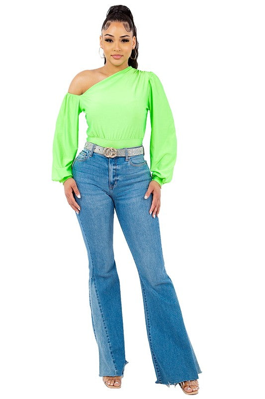 ASYMMETRIC OFF SHOULDER BISHOP SLEEVES TOP