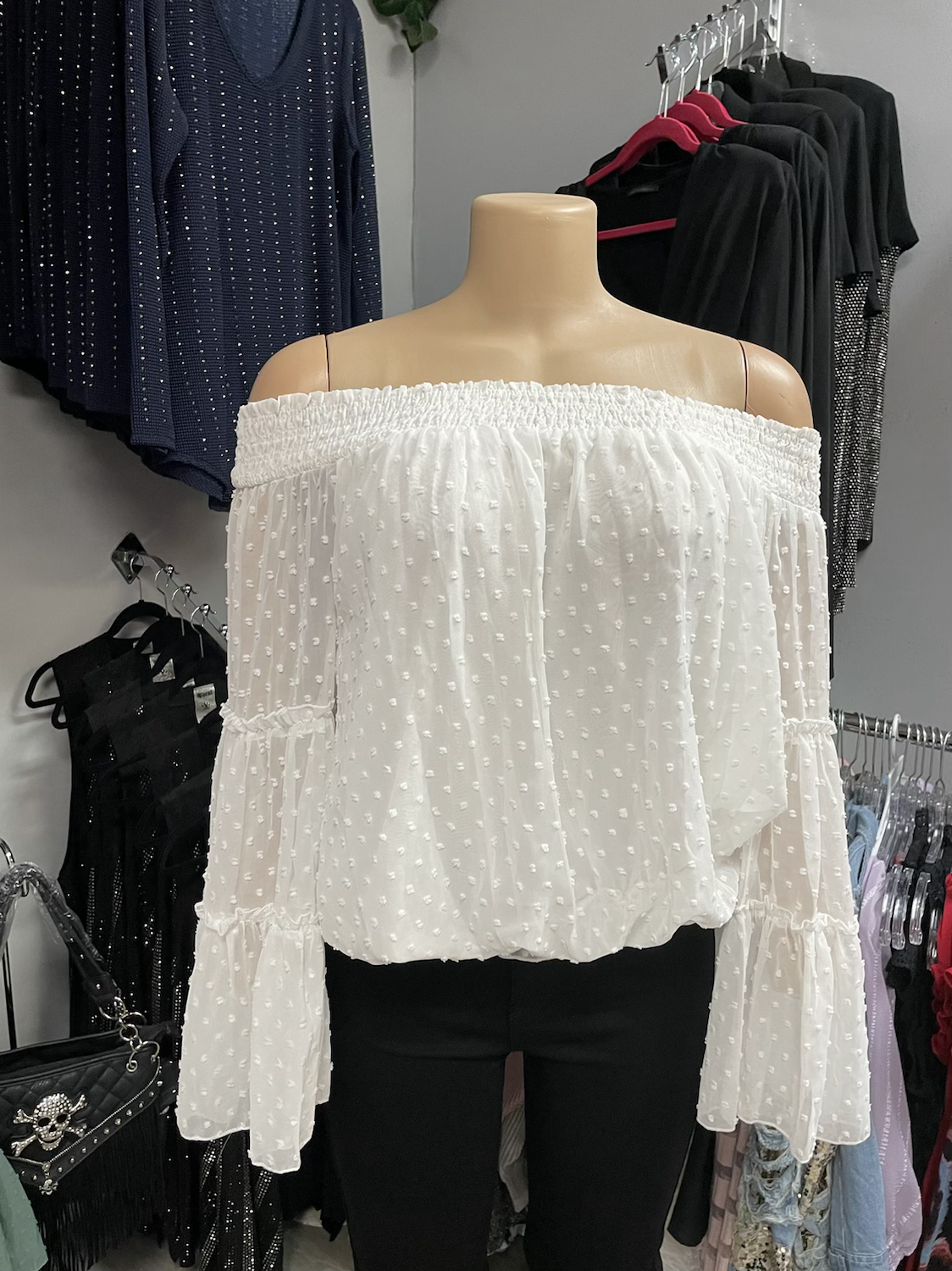 Swiss Dot Off The Shoulder Tops