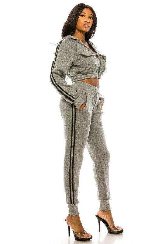 2PC Side Striped Cropped Hoodie Track Suit