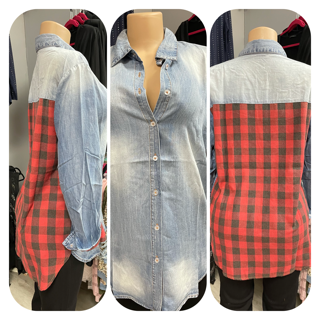 DENIM BUTTON SHIRT WITH PLAID BACK