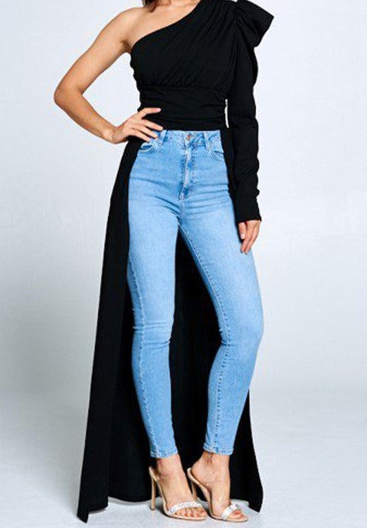 Jazzy One shoulder Long sleeve back drop Top