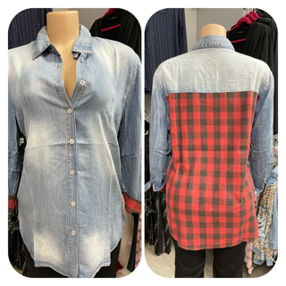 DENIM BUTTON SHIRT WITH PLAID BACK