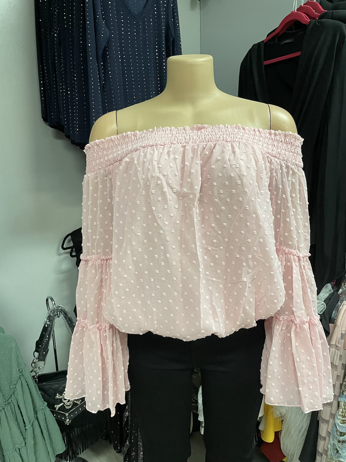 Swiss Dot Off The Shoulder Tops