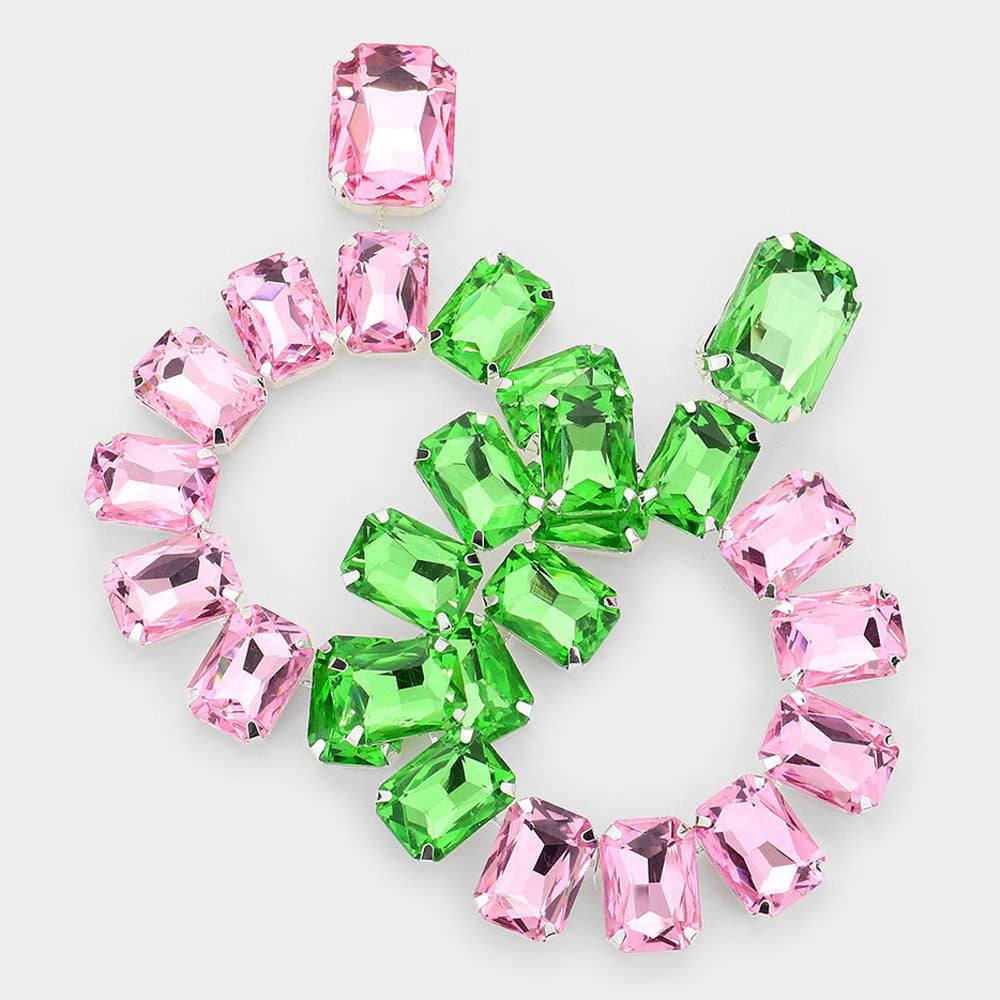 Rectangle Glass Stone Cluster Open Circle Dangle Evening Earrings