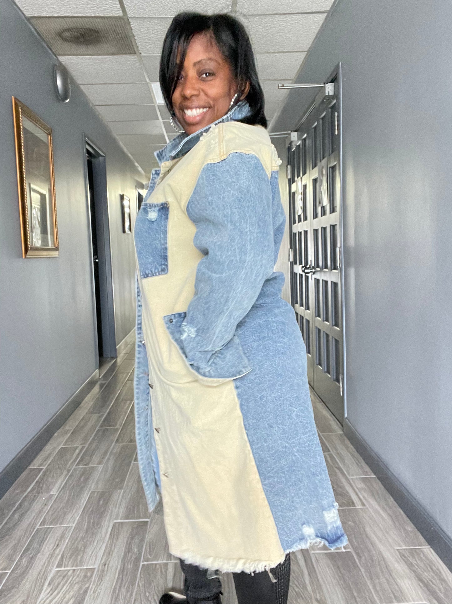 Washed Denim Colorblock Over Sized Long Jacket