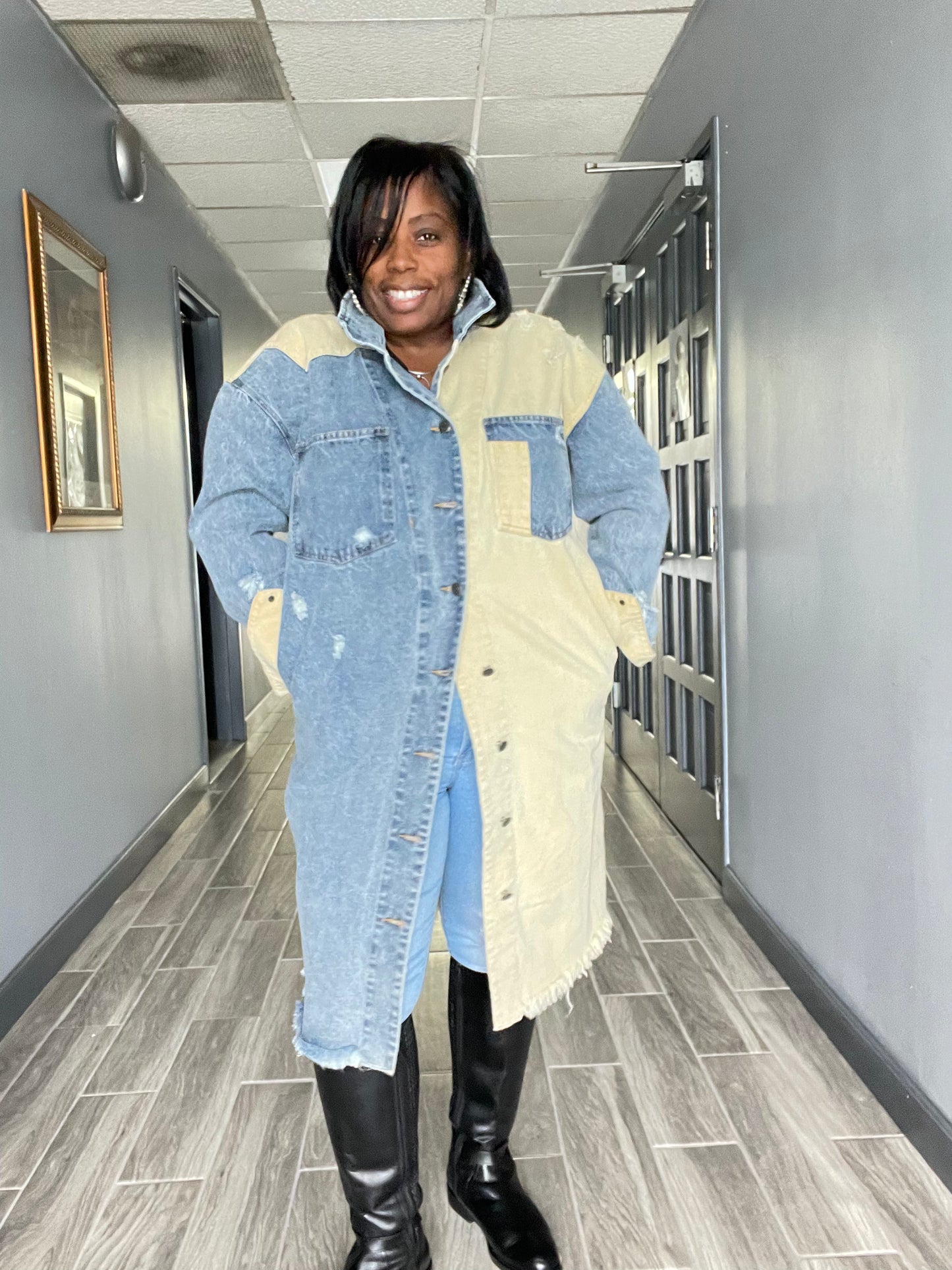 Washed Denim Colorblock Over Sized Long Jacket