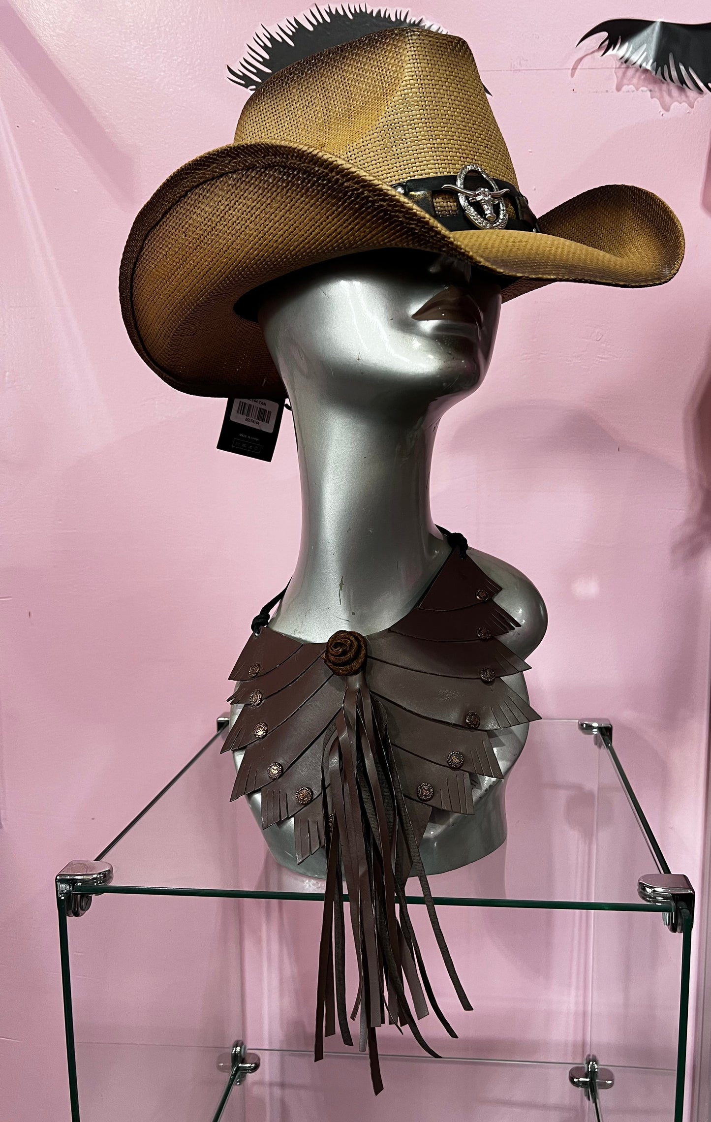 Metal Steer Head Emblem Studded Faux Leather Band Western Straw Cowboy Fedora Hat