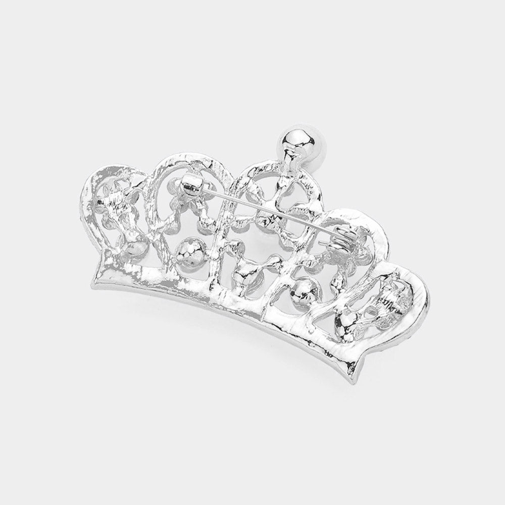 Pearl Pointed Stone Paved Crown Pin Brooch