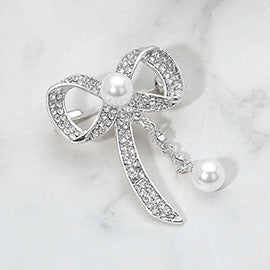 Pearl Accent Stone Paved Bow Pin Brooch