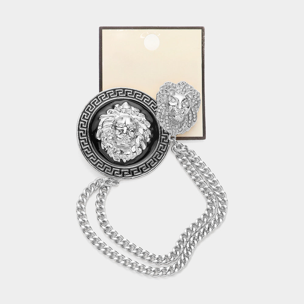 Lion Head Pointed Double Chain Pin Brooch