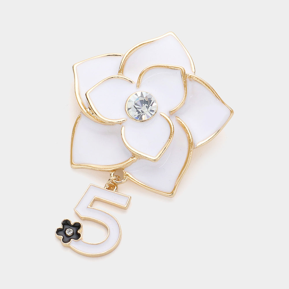 Stone Pointed Enamel Flower Number Five Dangle Pin Brooch