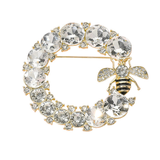 Rhinestone Paved Honey Bee Accent Glass Stone Cluster Circle Pin Brooch