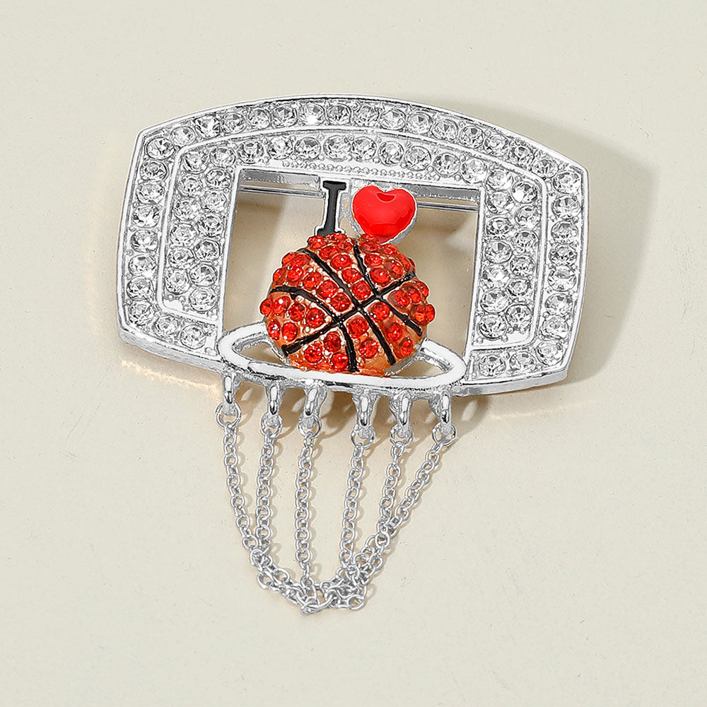 Rhinestone Paced Chain Net Enamel Basketball Pin Brooch