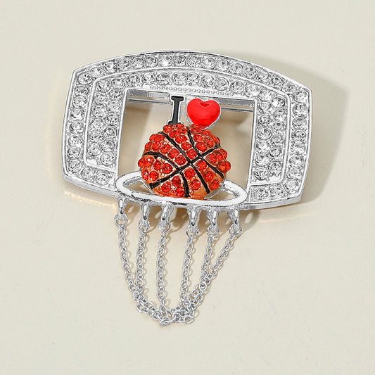 Rhinestone Paced Chain Net Enamel Basketball Pin Brooch