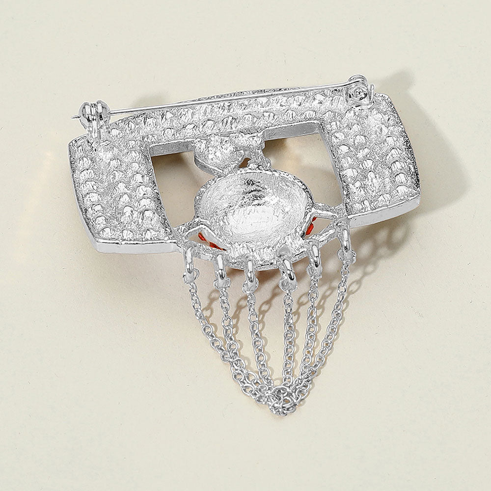 Rhinestone Paced Chain Net Enamel Basketball Pin Brooch