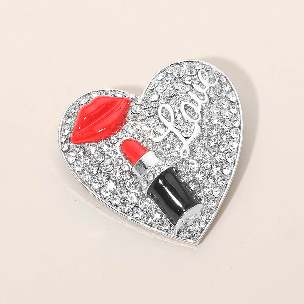 Lips Lipstick LOVE Rhinestone Pave Heart Pin Brooch