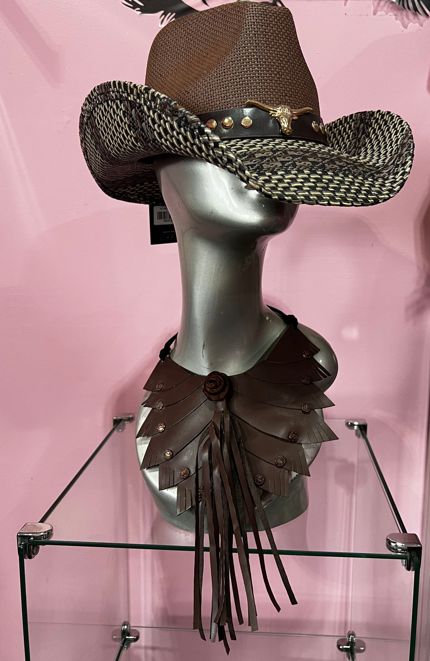 Metal Steer Head Pointed Faux Leather Band Western Straw Cowboy Fedora Hat