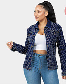 Diamond-Stitched Button-Up Denim Jacket