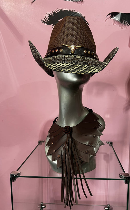 Metal Steer Head Pointed Faux Leather Band Western Straw Cowboy Fedora Hat