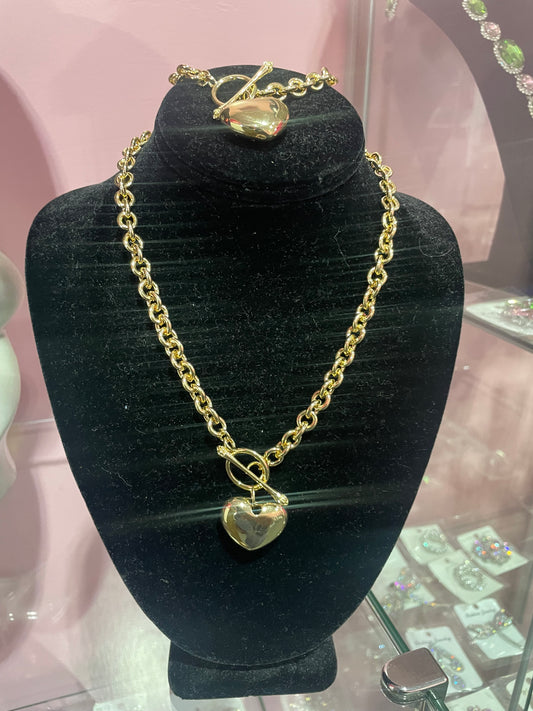 Gold Dipped Metal Heart Charm Toggle Bracelet & Necklace