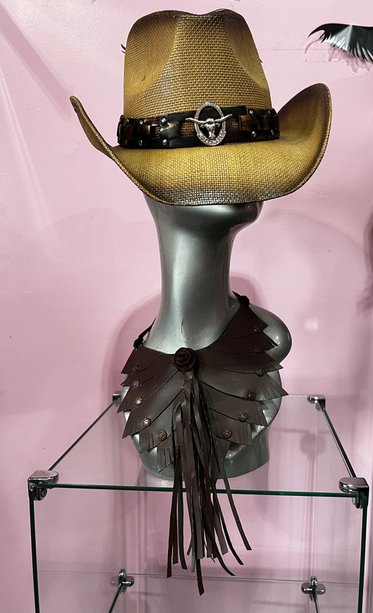 Metal Steer Head Emblem Studded Faux Leather Band Western Straw Cowboy Fedora Hat