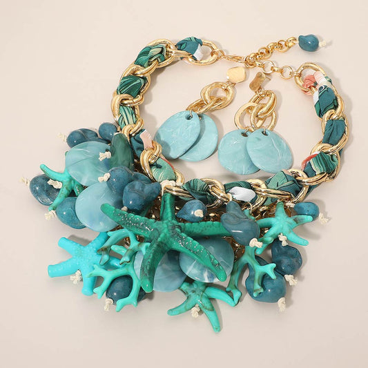 Turquoise Bold Starfish Sealife Coral Charm Embellished Statement Necklace