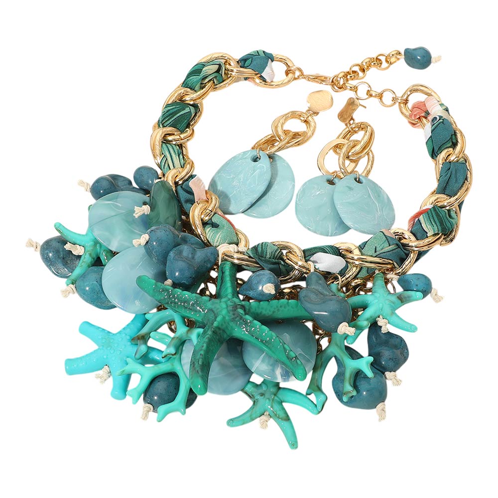 Turquoise Bold Starfish Sealife Coral Charm Embellished Statement Necklace