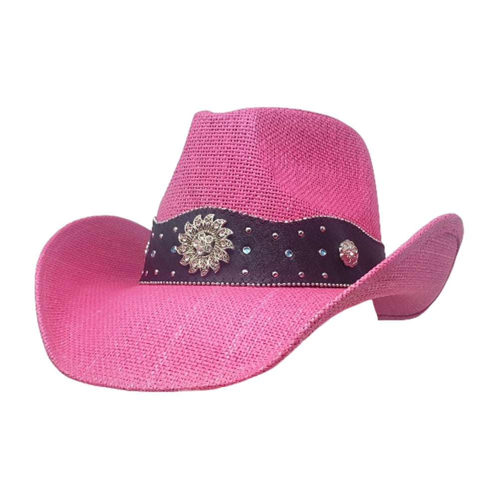 Vintage Metal Western Flower Pointed Genuine Leather Straw Cowboy Hat